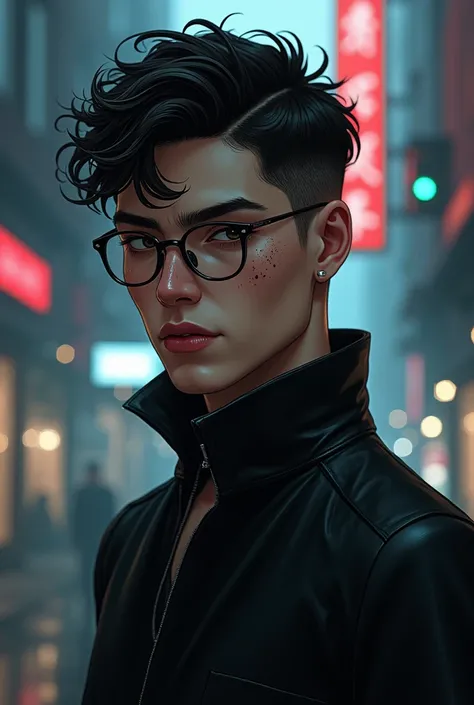 20 year old young man, latino, dark brown, NOT BLACK, delgado, black dress, glasses, short hair on the sides, SPLASHED NOSE, slightly curly hair on top, long face, Chin and jaw slightly rounded, cyberdark art by Yuumei