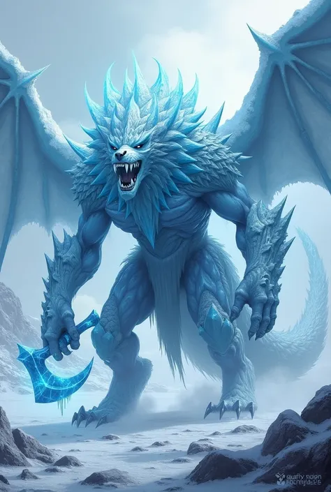 Make a wolf and ice fuse, becoming a big, strong ice monster with super powers.and an ice axe in his hands