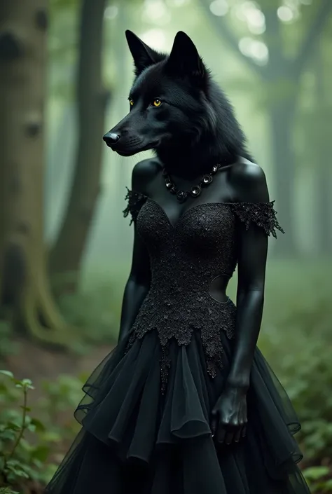 image of a black wolf in a sensual dress, Exuding elegance , seduction , boldness and confidence in a dress in an enchanted forest 