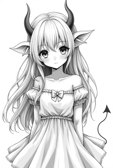 Monochrome manga art style, innocent demon woman, doe-like large eyes shining with innocence, flowing long blonde hair cascading gracefully around her shoulders, delicate features framed by soft wisps of hair, ethereal beauty emphasized through exaggerated...