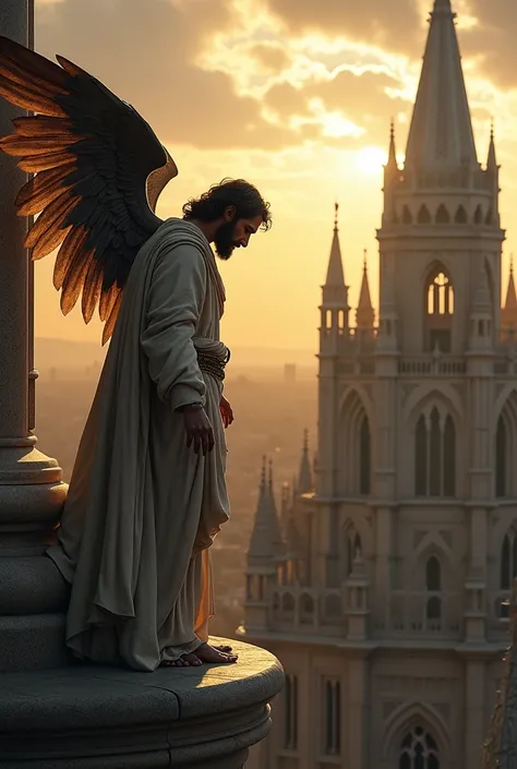 Satan in the form of a male angel with clothes telling Jesus to throw himself from the pinnacle of the temple, show the pinnacle. Another image 