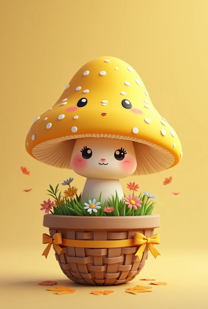 Yellow mushroom with a smile: The mushroom has a vibrant yellow cap with tiny white freckles and an adorable kawaii face, featuring big, twinkling eyes and a small smiling mouth. The pot is shaped like a mini basket, decorated with bows and flowers, and th...