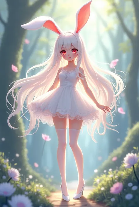 *Appearance:white skin, Red Eyes, white hair to the butt, white short lace dress, white translucent stockings above the knee, white heeled shoes ( also the girl is half rabbit that&#39;s why she has ears and a tail*
Anime style