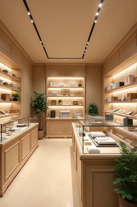 A luxurious stationery store inside and well organized, with beige tone and light wood 