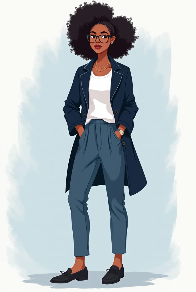 Illustration Geek femme africaine 25 ans. Affichage compète. Tenue professionnelle et décontractée, bleue, noire, blanc, gris