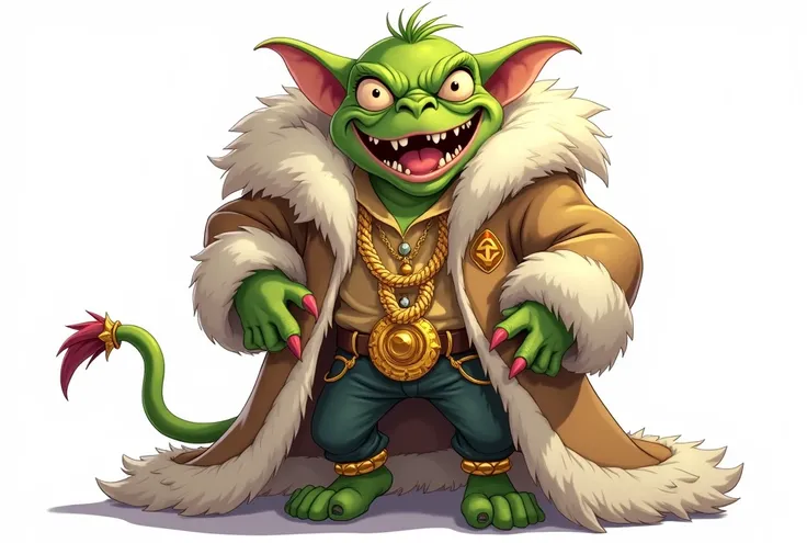 make it in anime style and with a white background, a green goblin with a greedy smile, wearing a fancy fur coat with fur, underneath he wears a shirt, and a gold chain, he wears several gold accessories, make the full body image 