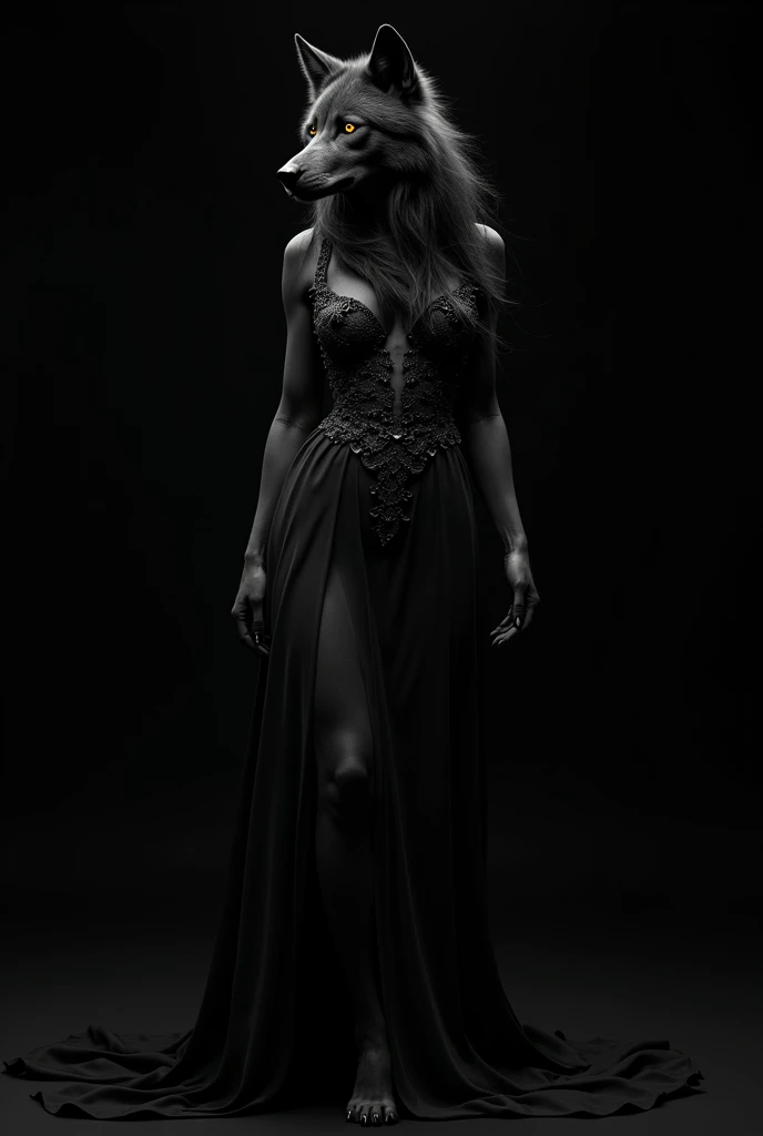 image of a black wolf in a sensual dress, Exuding elegance , seduction , boldness and confidence in a dress on a black background 