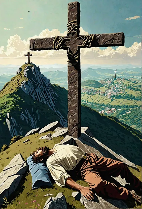 A man climbing a mountain exhausted and at the top a large cross with Jesus next to the cross. 1336x 768px image size lying down