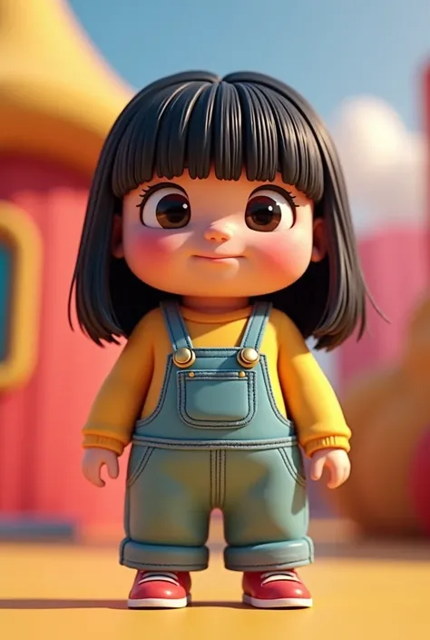 Poster 3d pixar,1 woman with straight black hair and bangs,white,dressed in colorful overalls,big cheek,thin lips,flat nose,slanted eye,chubby,