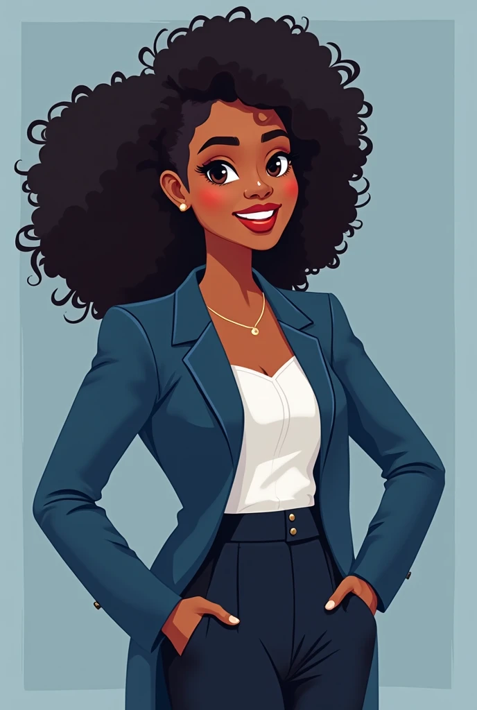 Illustration Geek femme africaine 25 ans. Tenue professionnelle et décontractée, bleue, noire, blanc, gris. Visage accueillant
