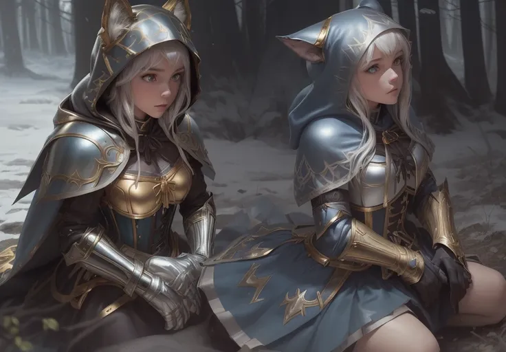 high quality, (one girl elfe paladin(detailed face), (floppy ears), (blue eyes), ((dressed gold and silver armor(with a hood), (corset detailed), (with a black skirt)), behond her black Wolf animal, in the forest