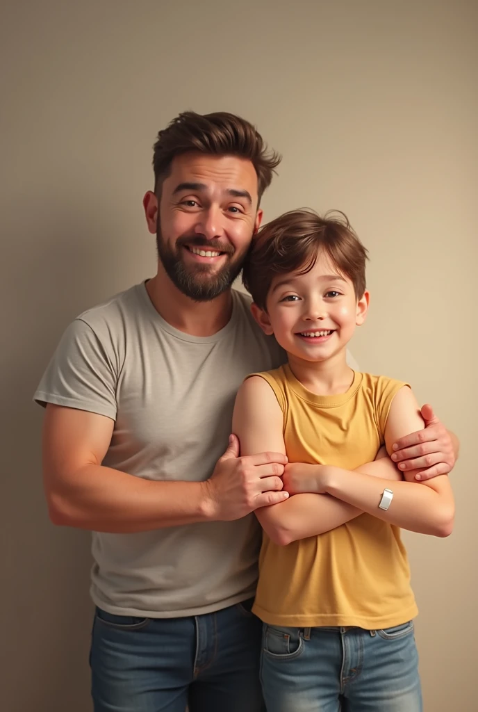 Image of a father and son both showing their vaccinated arm with 1 bandage on the arm