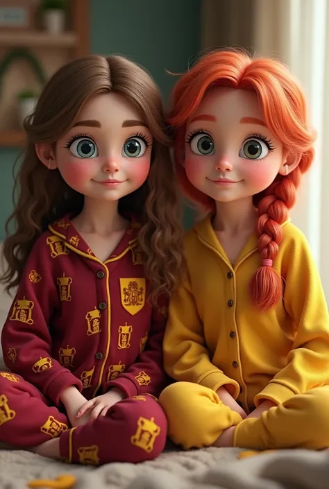 Two girls, one with Gryffindor pyjamas with light brown curly hair and blue eyes and a girl with red hair gathered in a braid with yellow pyjamas