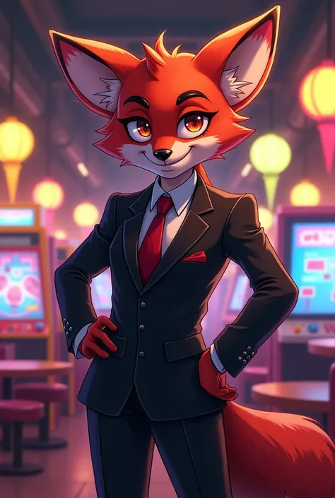 Anime-style Very Tall Foxy, sleek anthropomorphic fox character, vibrant crimson fur contrasted by elegant black suit, confident smirk showcasing playful charm, right and left hooks comfortably tucked into pockets, standing within Five Nights at Freddys pi...