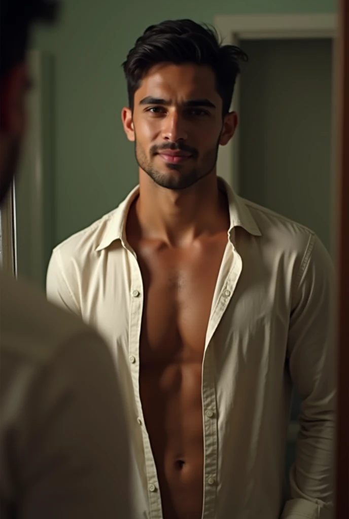 A young, athletic and handsome Mexican man, 20 years old, in front of the bathroom mirror, shirt unbuttoned. 