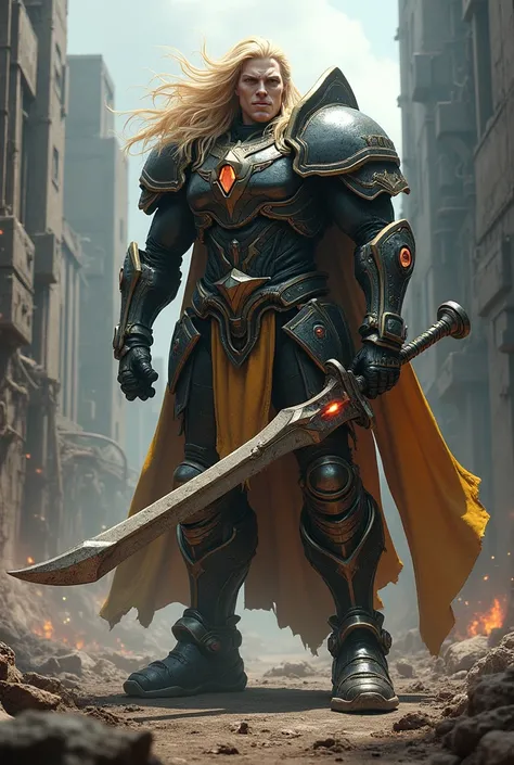 Jaune Arc from RWBY reimagined as a fierce 8ft tall genetically augmented warrior with long hair and a WH40K style power sword 