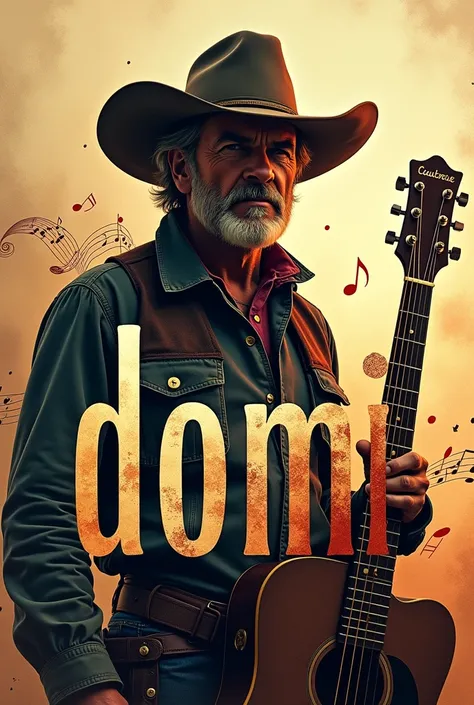 The word DOMI with musical letters a guitar and a cowboy hat 