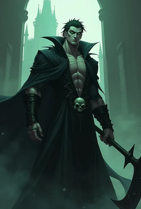 anime muscular goth guy with dark green eyes cunning eyes with a long axe in a long black robe with a skull on his chest in the yard against the backdrop of a gothic castle dark tones