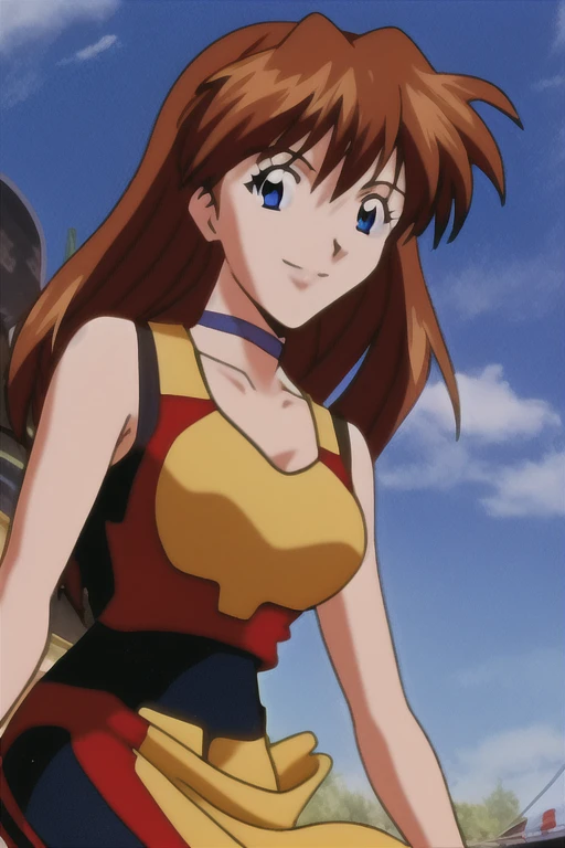 asuka, 1girl, solo, long_hair, smile, blue_eyes, brown_hair, racing, racing suit,midriff, sky, choker, day, cloud, orange_hair, ...