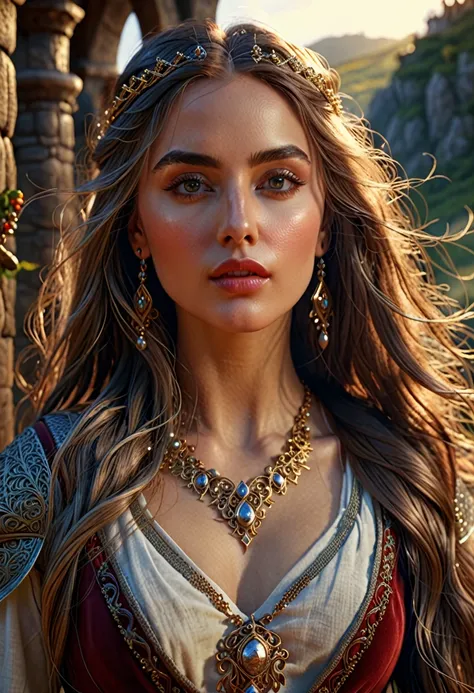 a sensual medieval woman, sensual adventurer clothing, detailed face, long flowing hair, detailed eyes and lips, intricate jewelry, warm lighting, fantasy landscape, cinematic composition, highly detailed, photorealistic, masterpiece, octane render, 8k, ul...