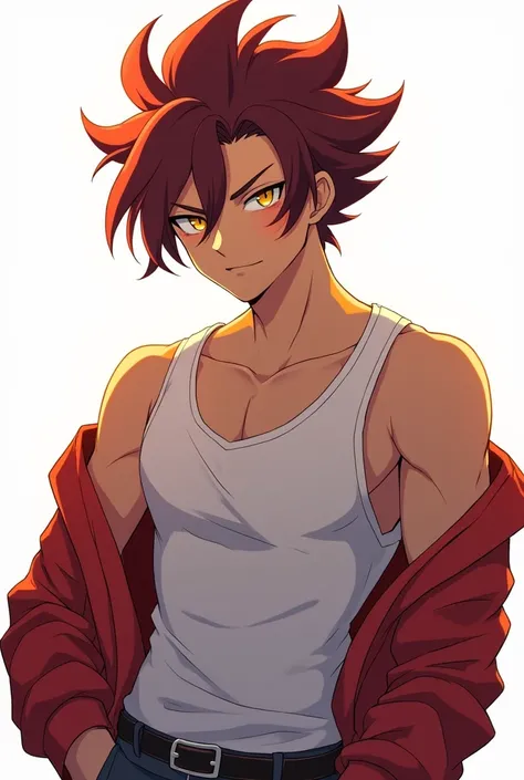 Anime art style masterpiece, captivating male character, dark crimson hair flowing elegantly, piercing yellow eyes glimmering with charisma, smooth brown skin, embodying ikemen charm, fitted tank top accentuating defined abs, off-shoulder bomber jacket dra...