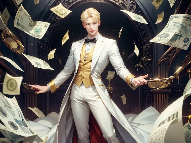 Full body shot of a cute young man with blonde hair and light blue eyes. He is wearing a white shirt with deep buttons. Handsome young man with sharp eyes, sharp face, sharp hands, and a well-proportioned body. He is showing great joy. Romantic casino back...