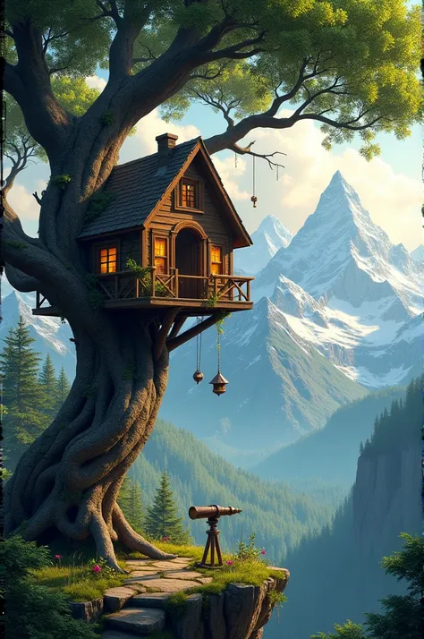 Hidden inside a tree house , overlooking a stunning mountain landscape 