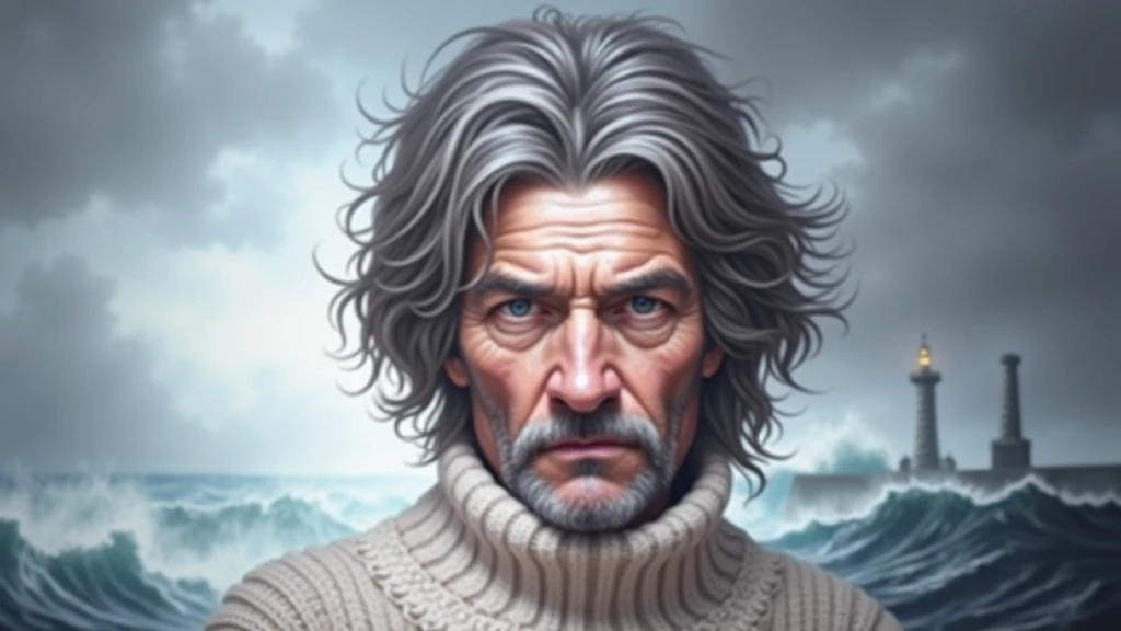 facial portrait of a robust (old fisherman:1.3), (face focus:1.5), (storm:1.2), (Waves:1.3), ocean, (Bottom of the lighthouse:1.3), (cowboy shot:1.4), (white turtleneck knitted sweater:1.3), looking at the viewer, realistic, masterpiece, The highest qualit...