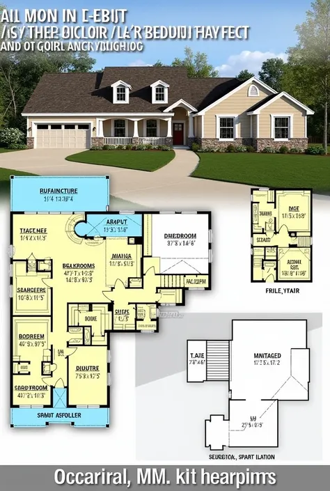 House plan with three bedrooms with a suite and a garage 