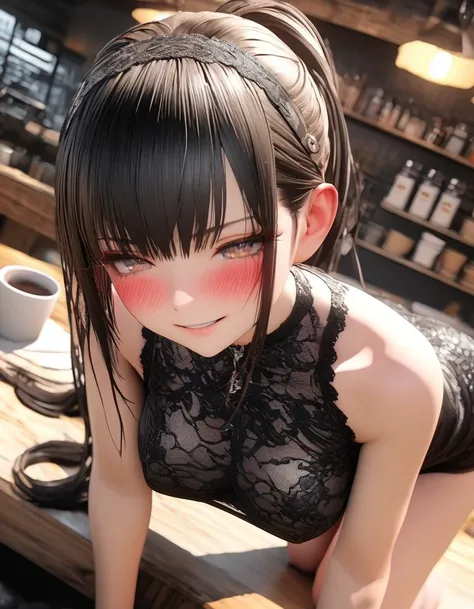 8K, high resolution, ultra Detailed、,、high quality,masterpiece,Detailed, high resolution,、、,1 Girl、Miss、Beautiful face、eyelash、Ponytail with bangs、A sidelong glance、(Awkward smile:1.4),Half closed eyes,Large Breasts,clavicle,Abdominal muscles,Detailed skin...