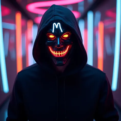 "Create an image of a mysterious man wearing a black hood that partially covers his face, with a black mask raised on his forehead displaying a white neon &#39;M&#39; shaped symbol. His eyes glow brightly in a neon shade of golden orange, emitting a supern...