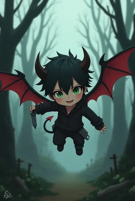 little anime boy with demon wings on his back flies kind green eyes short disheveled hair against the backdrop of a gloomy garden with dead trees with a blade dark tones, black clothes, demon horns on his hair cute smile demon tail