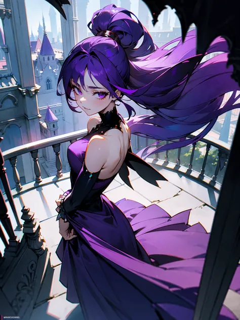 Female, purple hair, sleek and pulled into a high ponytail, wearing a flowing dress, vampire, standing on the balcony of her crumbling castle, gazing down on her domain.