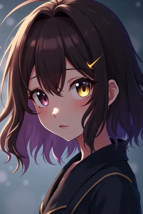  In Japanese anime style. She is a brunette girl with a scar on her right eye.. She has wavy brown hair with purple tips and a golden streak.. Eyes: The left eye is black and the right eye is gold.