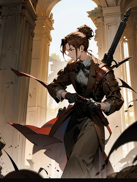 Male, chestnut brown hair, shoulder-length and tied in a messy bun, wearing tactical gear, human hunter, sneaking through the ruins of an old cathedral, hunting vampires.