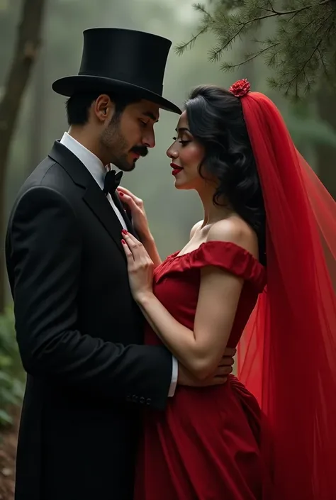 A mysterious and charming man with a mustache, Suit, top hat and cedar next to a beautiful and empowered woman with black and wavy hair, made up with red lipstick, in an all red dress and a beautiful veil