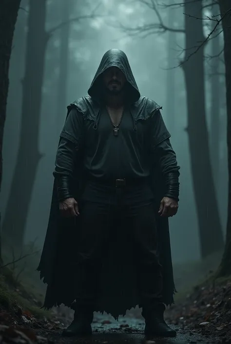 A rainy day, Dark, dark, with a full-bodied man in the center, cold blouse, hood, strong, without showing the face, in a forest