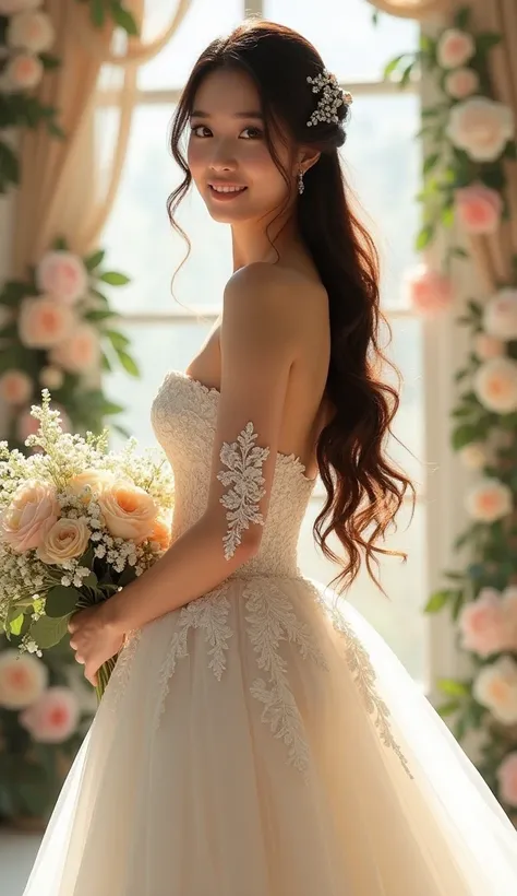 Description: A stunning bride stands gracefully for the camera, exuding an aura of romance and elegance. Her long, flowing hair cascades beautifully, adorned with delicate floral accents and sparkling hairpins that catch the light.

She wears an exquisite ...