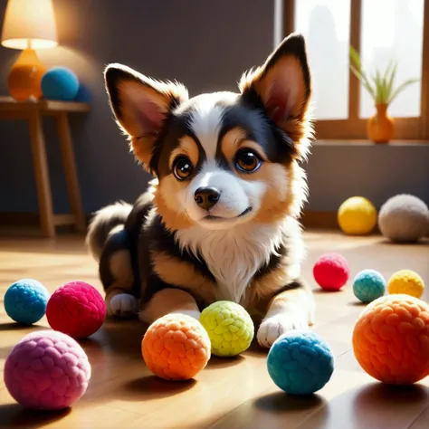 A dog playing with colorful dog toys, cute puppy, adorable pet, furry companion, playful canine, wagging tail, detailed fur texture, bright vibrant colors, plush soft toys, rubber chew toys, wooden puzzle toys, scattered toys, indoor home setting, warm lig...