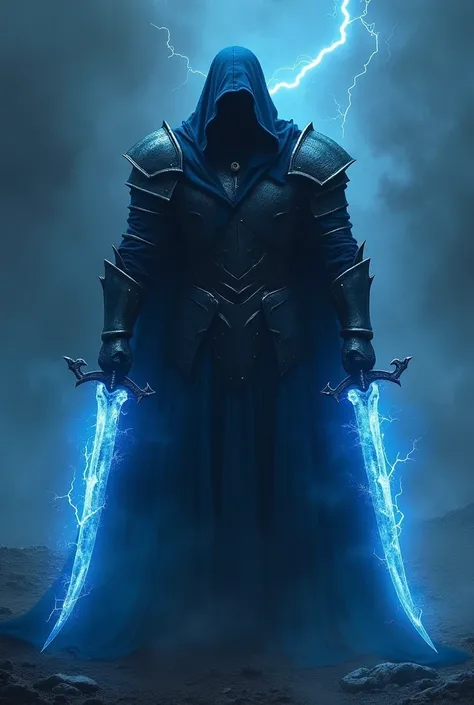 Draw in knightcore style a dark knight dressed in black and wearing a dark blue robe, he looks very sad, he stands full height, blue lightning flashes behind him, in his hands slightly curved daggers that emit energy and lightning bolts