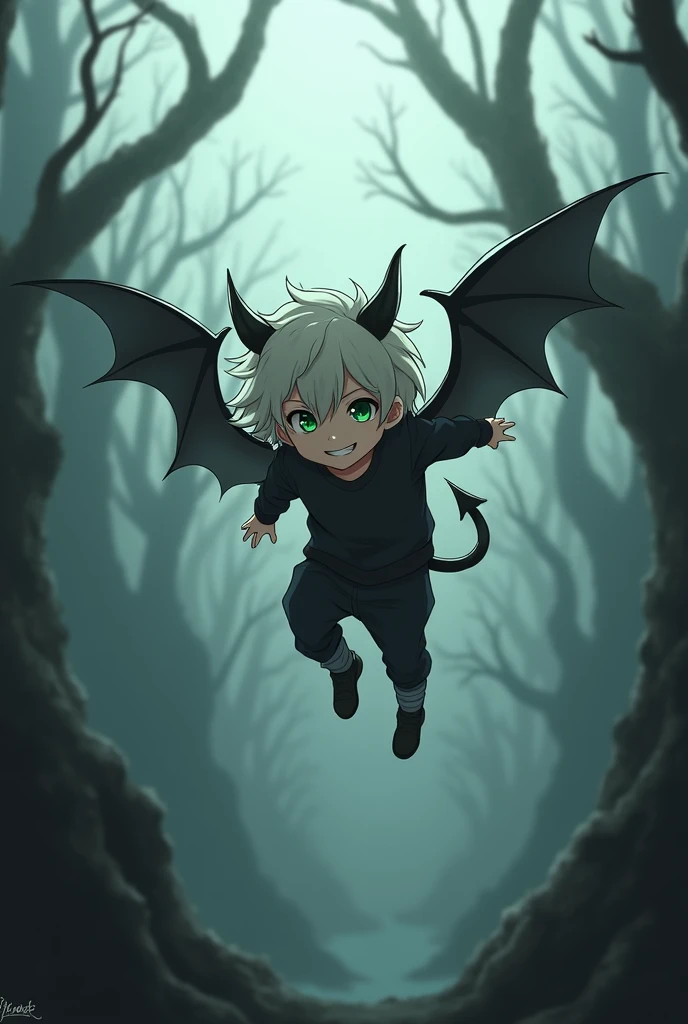 young anime boy  pale skin with demon wings on his back flies kind green eyes short disheveled hair against the backdrop of a gloomy garden with dead trees with a blade dark tones, black clothes, demon horns on his hair cute smile demon tail