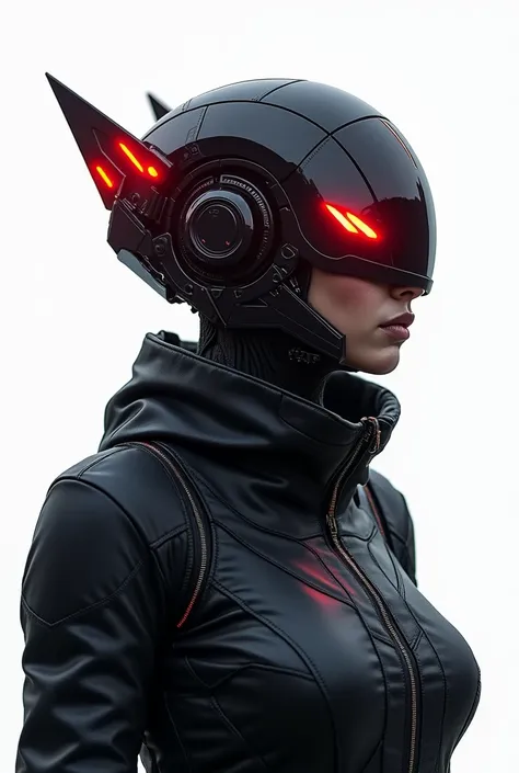 masterpiece, best quality, a closeup of a futuristic looking cyborg girl with a fantastic cyber helmet head with red triangular LED lights and a halo, dressed in a black Techwear jacket, whole body white background