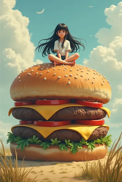 A teenage girl with long black hair and bangs on top of a giant hamburger 