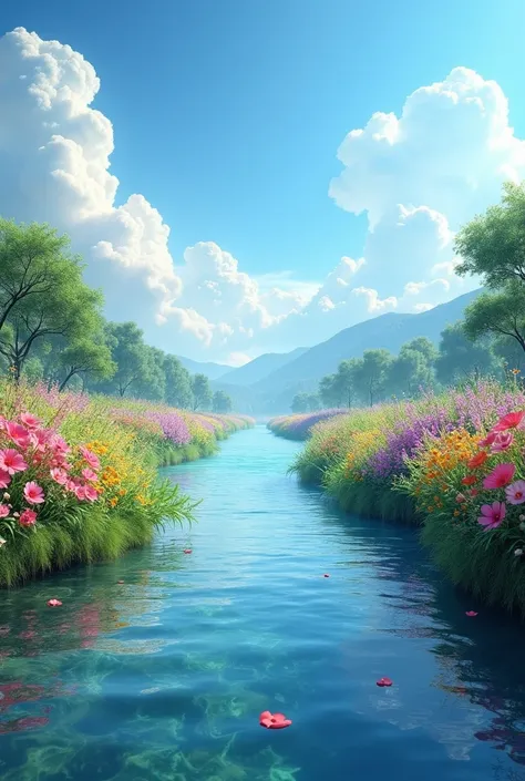 Absolute and fantastic realism of a river with flowers around it and a blue sky with clouds, stunning image 