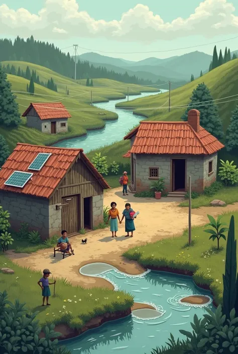 Context: energy shortage, territories with low economic resources, in a generally rural geographical setting, specific areas where there are no electrical installations but they have a river. Draw a picture of energy poverty about 3 houses with low-income ...