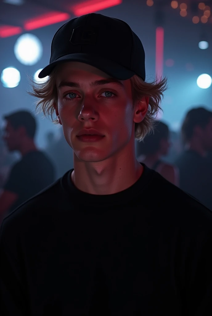 1 boy with perfect body, detailed white skin, with blonde hair, blue eyes high level, detailed facial pores athletic attractive body in nightclub wearing black sweater and cap looking at camera , ultra cinematic camera