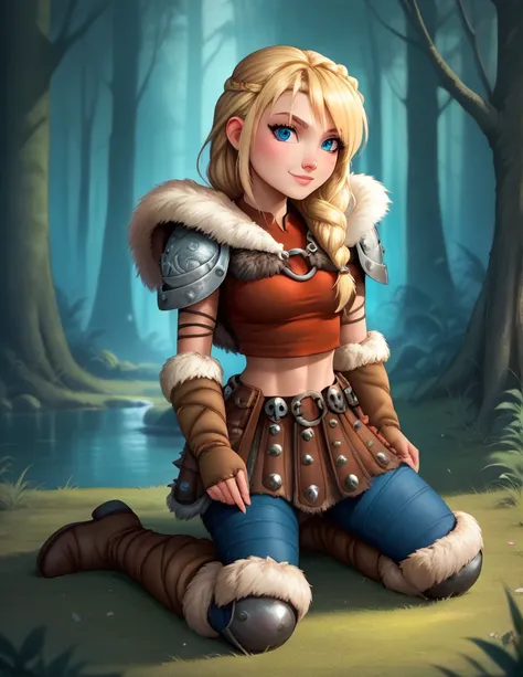 score_9, score_8_up, break, astridhofferson, 1girl, solo, blonde hair, braid, long hair, blue eyes, fur trim, shoulder armor, ar...