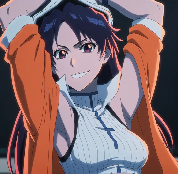 score_9, score_8_up, score_7_up, source_anime, anime screencap, black background, 1girl, solo, bambietta, long hair, medium breasts, blue jacket, ribbed sweater, ribbed, blue/orange jacket, black crop-top, midriff, looking at viewer, eye contact with viewe...