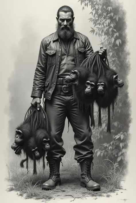 Drawing of a man dressed as a hunter holding several dead monkey heads in one hand 