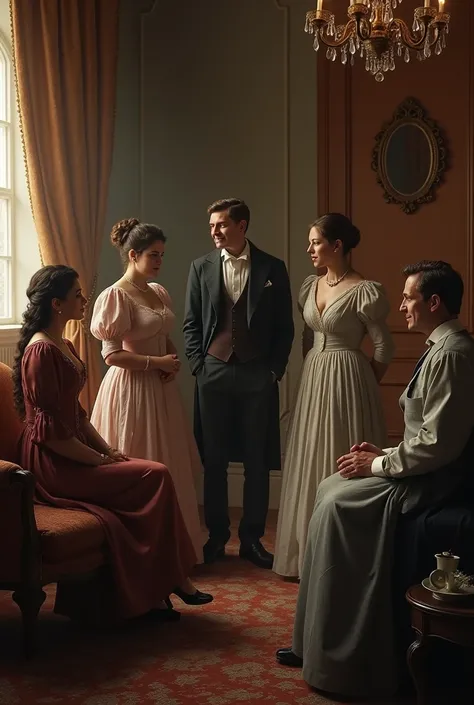 A man, his sisters and his wife talking to their friend in the time of 1844